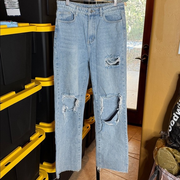 SHEIN EZwear Ripped Cutout Wide Leg Jeans Size 6 Light Wash Y2K Streetwear Denim - Picture 6 of 16